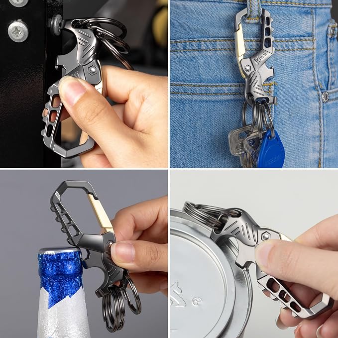 Kivssi Heavy duty metal keychains, Carabiner clip Car key chains,Fashion family keychain bottle opener and 3 Key Rings suitable for men and women.(Gold+Multicolor)