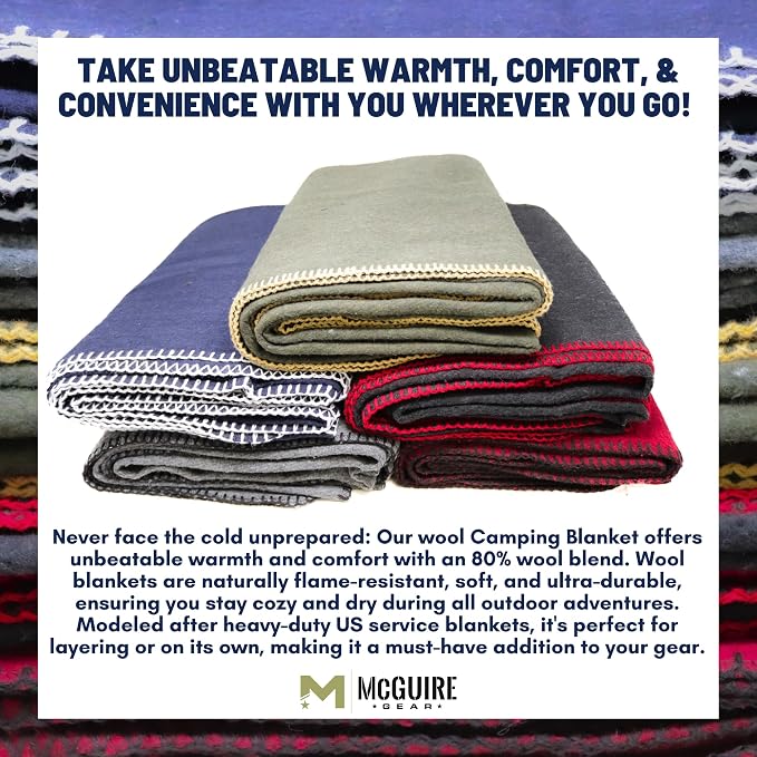 M MCGUIRE GEAR Heavy Duty Wool Blanket, Survival, Emergency, and First Aid Use – Mil-Spec, Fire Retardant, Durable Outdoor Wool Blankets for Camping. - Black, (64 x 90 inches)