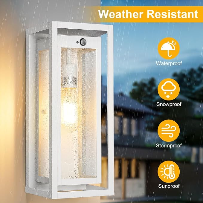 15" Motion Sensor Outdoor Wall Lights, Outdoor Sconces, 2 Pack | Dusk to Dawn, Large Size, Anti-Rust, Waterproof, Easy Installation, White Modern Exterior Lighting Fixtures for House Porch