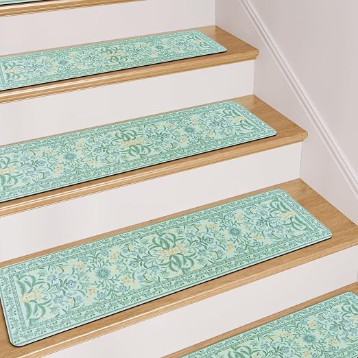 OJIA Blue Stair Treads Non Slip 15PCS 8"x30" Stair Runners for Wooden Steps | Floral Rubber Carpet Stair Treads Stair Runner Indoor Mats Residue-Free Staircase Step Treads for Kids, Elders, Pets