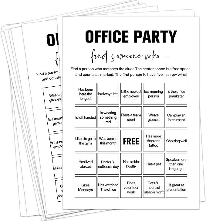 Find Someone Who Bingo Cards, 25 Unique Randomized 5x7 Sheets, Get to Know You Bingo Game for Adults, Ice Breaker Office Party Games, Team Building Games for Work, High Replay Value - B005
