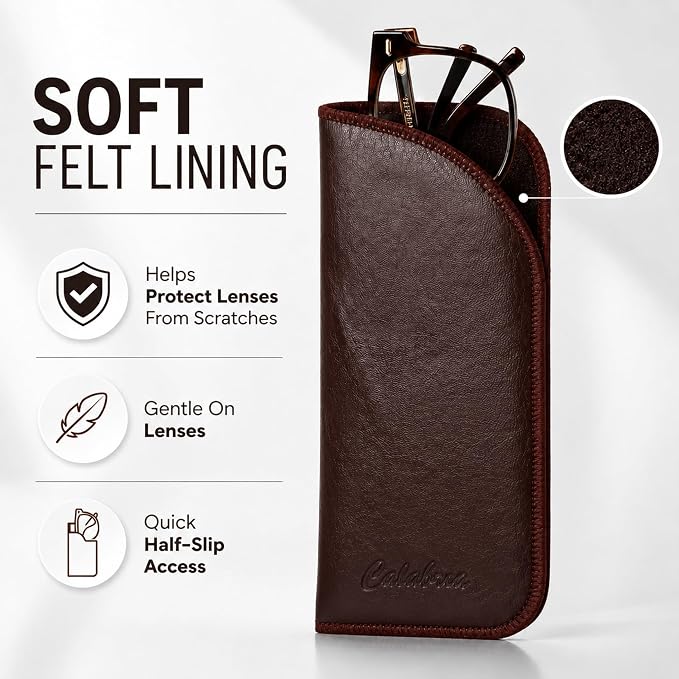 Calabria Half Slip-in Soft Eyeglass Case PU Leather Felt Brown Men Women Vertical Flat Eye Glasses Pouch Sunglasses Holder - 100PACK