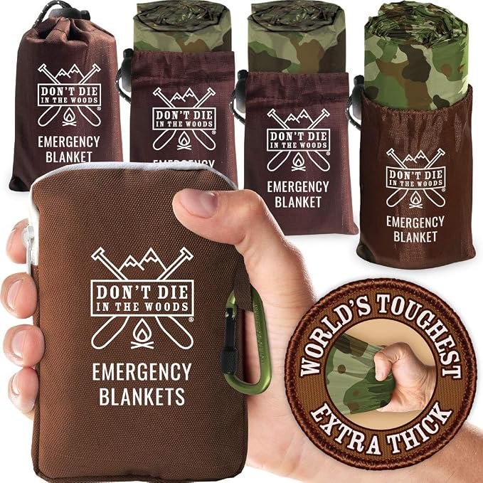 Don't Die In The Woods - World’s Toughest Emergency Blankets [4-Pack] Extra Thick Thermal Mylar Space Blanket - One of The Ten Essentials Outdoor Survival Gear for Hiking Camping First Aid Kit (Camo)