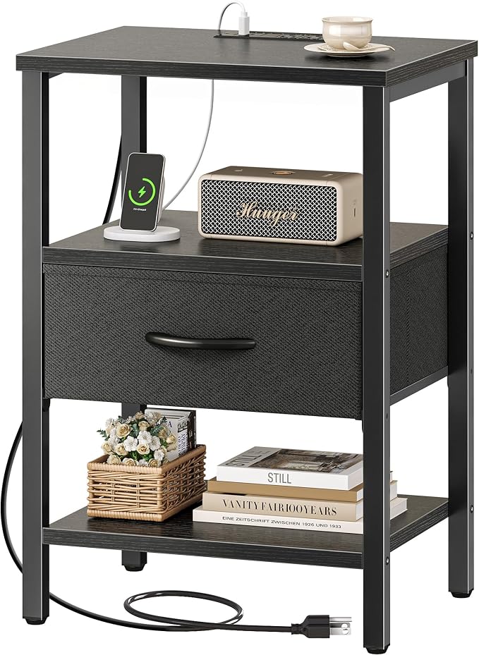 SUPERJARE Nightstand with Charging Station, Bed Side Table with Adjustable Fabric Drawer, Night Stand for Bedroom, 3-Tier Storage End Table, for Living Room, Black | Night Stand for Bedroom, with Adjustable Fabric Drawer, 3-Tier Storage End Table, for ...