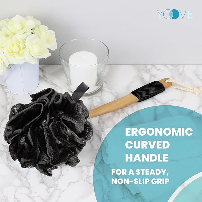Bamboo Charcoal Infused Back Scrubber - Loofah with Handle | Exfoliating Shower Loofah for Men & Women - Features 1 Loofah on a Stick, 1 Loofa Pouf; Includes Hook (Black)