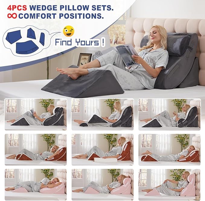 4PC Orthopedic Bed Wedge & BBL Surgery Pillow Set - Memory Foam Support for Buttocks/Back/Legs, Post Surgery Sleeping System with Adjustable Angles, Contains 2 Washable Pillowcases, Gray&White Grey