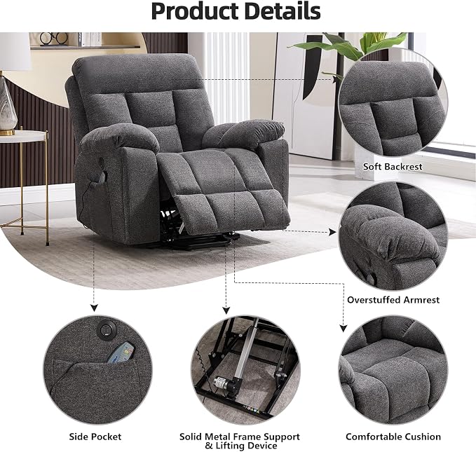 Large Power Lift Recliner Chair with Massage and Heat for Elderly Big and Tall People, Overstuffed Wide Recliners with 2 Cup Holders, Side Pocket and USB Port, Dark Grey