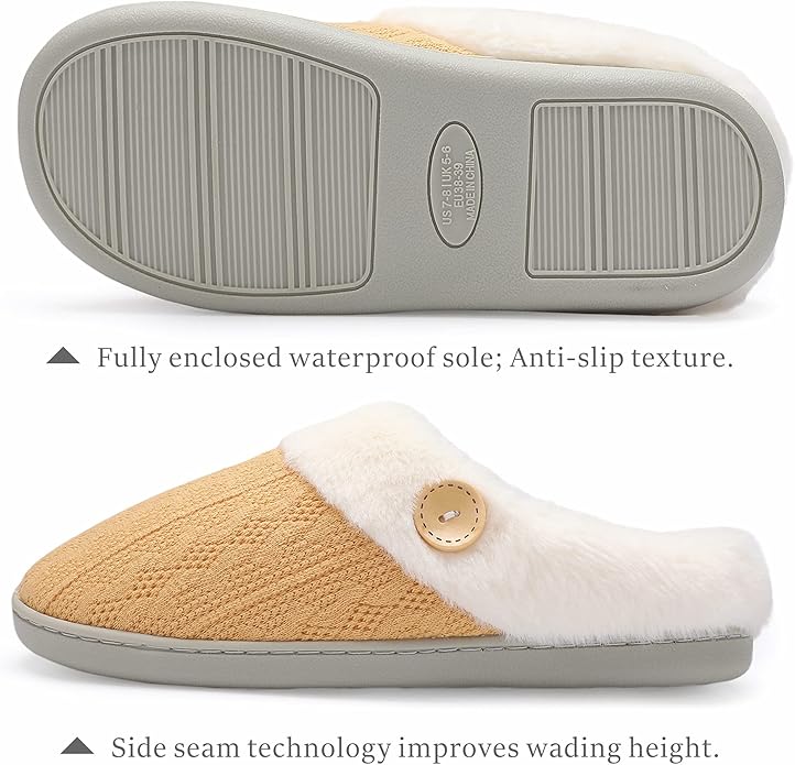 Chantomoo Womens Slipper Warm Comfy Memory Foam House Slippers Knitted Shoes Faux Fur Lined Anti-Skid Rubber Sole Bedroom Cozy Indoor Outdoor Slippers