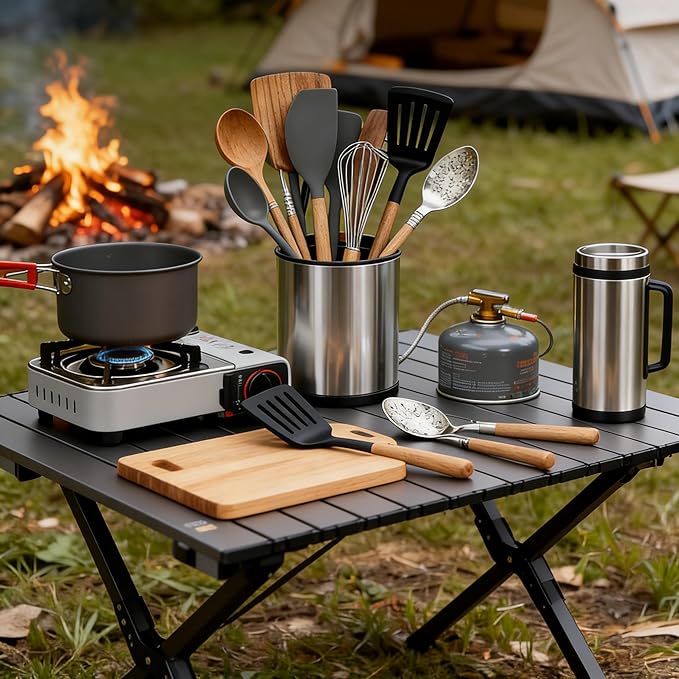 Kitchen Utensil Holder for Kitchen Counter,360° Rotating Stainless Steel Utensils Holder,Large Cooking Utensils Holder with Removable Base,3 Compartments Cutlery Holder