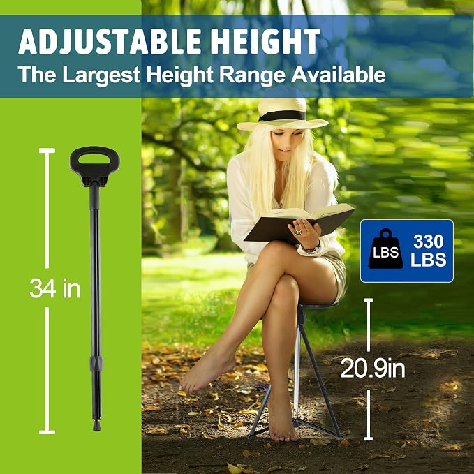Walking Cane with Seat, Cane Chair with Cushion Folding Lightweight Portable Seat for Adults Seniors Camping Hiking Travelling