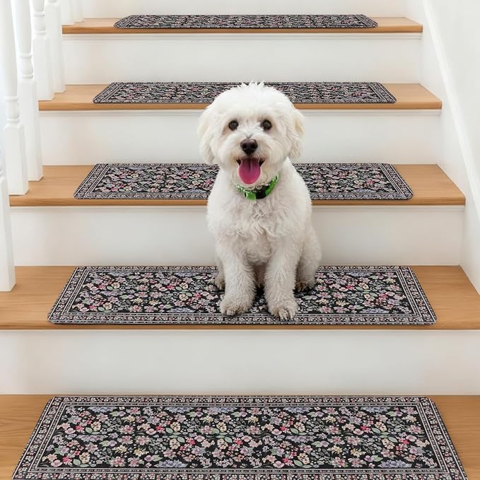 Vintage Floral Stair Treads Non Slip Carpet Stair Treads for Wooden Steps Indoor 15PCS 30"x8" Stair Runner Stair Mats Safety Staircase Step Treads for Elders Kids Dogs Light Black