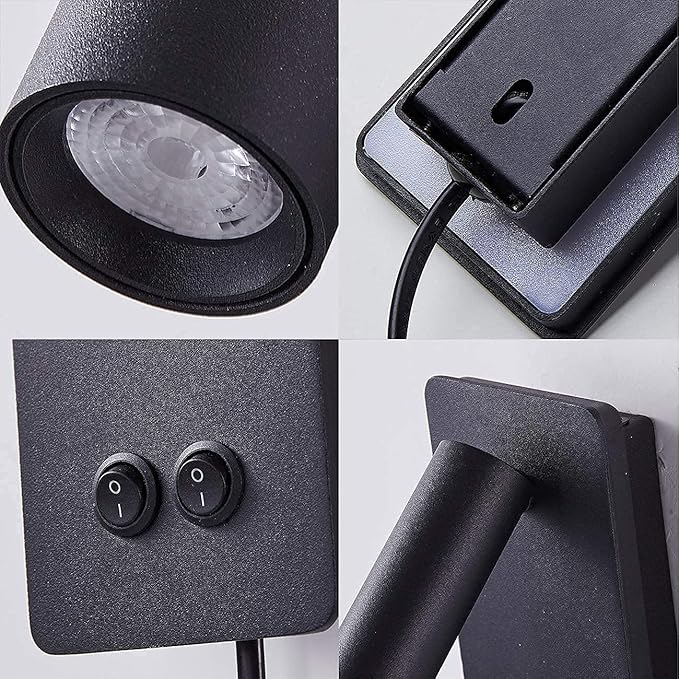 LED wall lamp and reading light two-in-one multifunctional wall sconces. LED Wall Lamp Plug in for Bedroom Bedside Wall Sconces Set of Two Black Reading Light 3W+6W Night Light 3000K(BLACK)