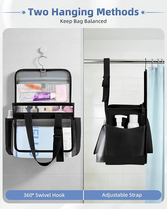 Marscamd Hanging Shower Caddy Organizer Bag for Travel with Hanging Hook, Quick Dry Mesh Bathroom Caddy Toiletry Bag with Handle for College, Dorm, Gym, Camping, Black