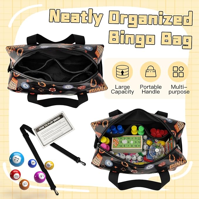 CVVD Bingo Bag with Pockets for Bingo Daubers Dabbers Dobbers Dotters Water Resistant Bingo Game Accessories for Adults and Seniors Portable Storage for Casino Bingo Supplies(black)