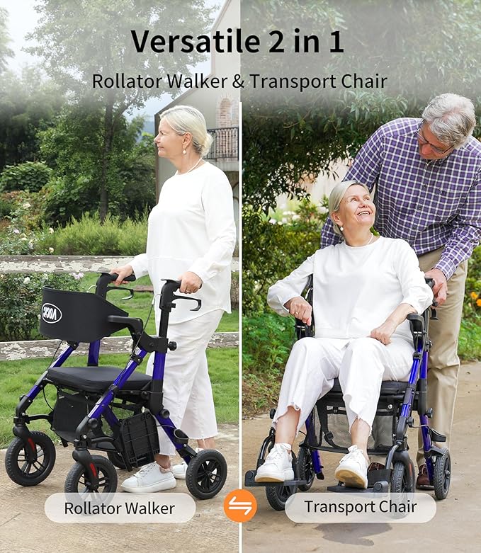 VOCIC Transport-Wheelchair-Lightweight-Foldable, Walker Wheelchair Combo, Rollator-Walkers-for-Seniors-with-Seat, 2 in 1 Rolling Walker, 300lb Adults 4 Wheel Transport Chair w/Brakes & Pouch