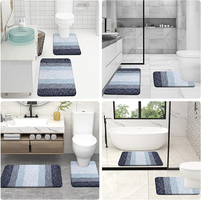 OLANLY Bathroom Rug Set 2 Piece, Soft Absorbent Microfiber Bath Mats and U-Shaped Contour Toilet Rug, Non-Slip, Machine Wash Dry, Plush Shaggy Bath Mats for Bathroom (24"x16"+U24 x20, Dark Blue)