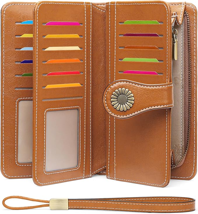 SENDEFN Wallets for Women Leather Credit Card Holder with RFID Blocking Large Capacity Wristlet | with RFID Blocking