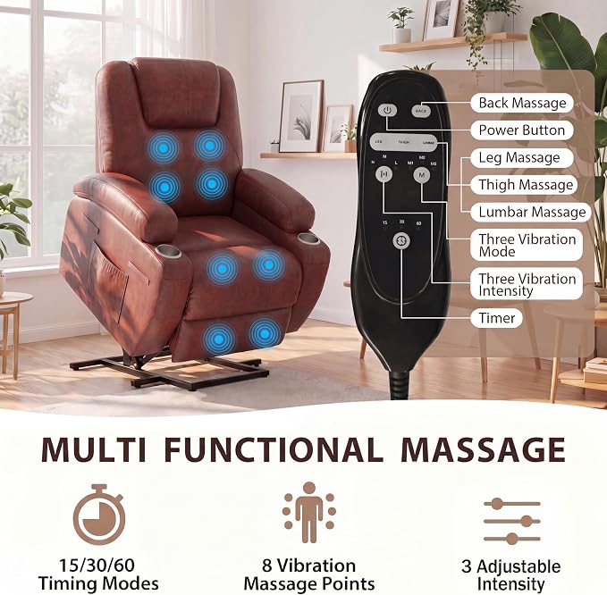 JUMMICO Power Lift Recliner Chair for Elderly with Vibration Massage | Recliner Chair Ergonomic Lift Chair Cup Holder for Living Room (Leathaire, Light Brown)