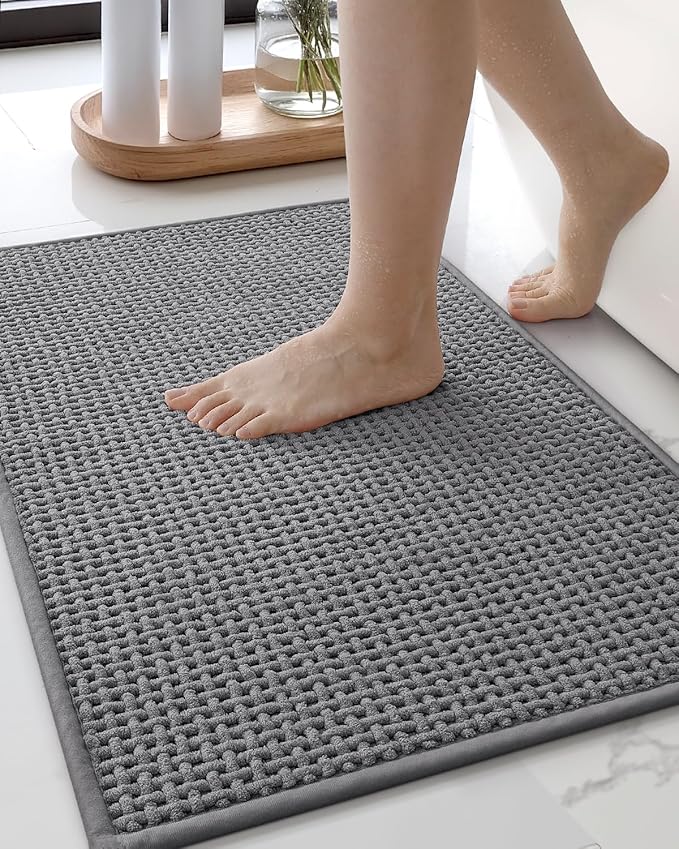 Color&Geometry Chenille Pile Small Bathroom Rugs Upgraded Denser, 16"x24" Non Slip Absorbent Grey Bath Mats for Bathroom Thin Fit Under Door, Washable Quick Dry