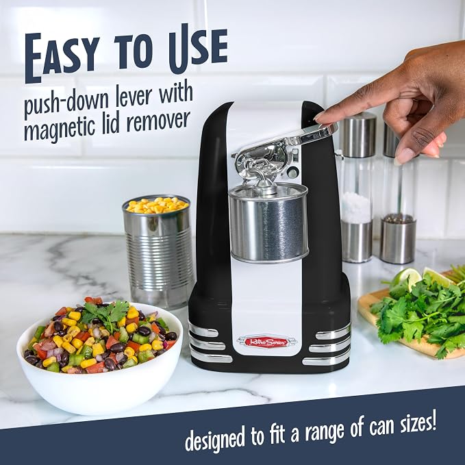 Nostalgia Retro Electric Can Opener for Kitchen with Magnetic Lid Remover, Knife Sharpener, and Soda or Beer Bottle Opener, Black