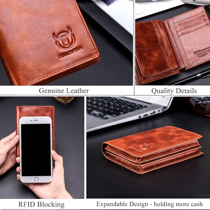 BULLCAPTAIN Large Capacity Genuine Leather Wallet for Men QB-027 | Bifold Wallet,RFID Blocking,Credit Card Holder,15 Card Slots,Special Expandable Design,gift choice