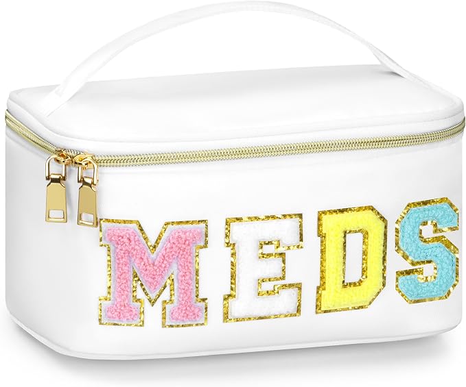 BuyCard Medicines Chenille Letter Bag Nylon Meds Makeup Pouch Preppy Path with Zipper and Handle Cosmetic Toiletry Storage Purse for Women White