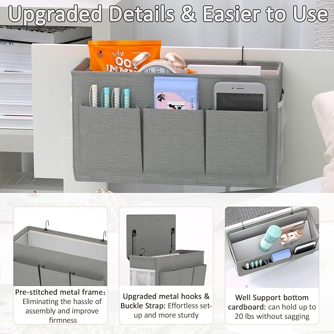 Bedside Caddy Storage Organizer for Bed Rails, Bed Caddy with 6 Pockets | Bedside Organizer with Fixed Straps and Hooks, Mattress Supported Versatile for Home, Dorm, Bunk, Hospital and Crib Bed