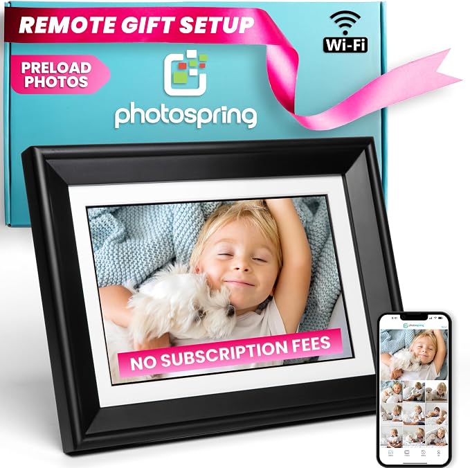PhotoSpring No Subscription, 10in WiFi Digital Picture Frame, Email App Web, USA Company, 32gb Touch Screen, Play Videos up to 5min