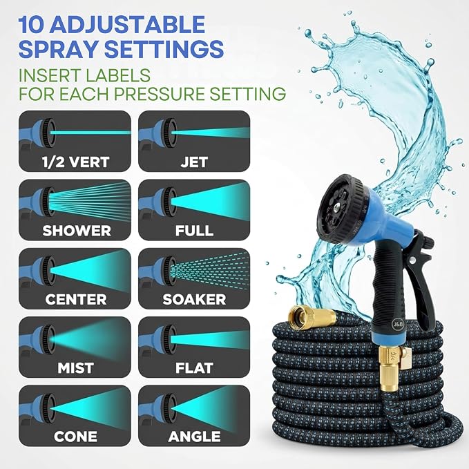 J&B XpandaHose 75ft Expandable Garden Hose, Lightweight, Brass Connectors | Ultra Strong 3750D fabric, 4-layer latex core, expands 3X, kink & leak-resistant, 10-pattern nozzle, storage bag