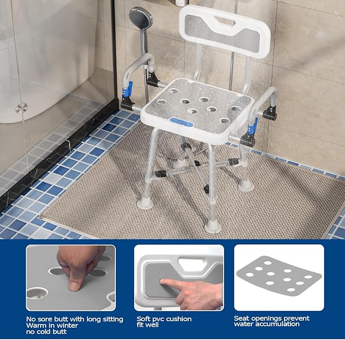 Shower Chair for Seniors Elderly Handicap Disabled Or Bariatric Adults Heavy Duty 500 Lbs Bench Seat for Inside Shower Stall and Bathroom Bath Tub with Arms and Back Adjustable Stool Chairs