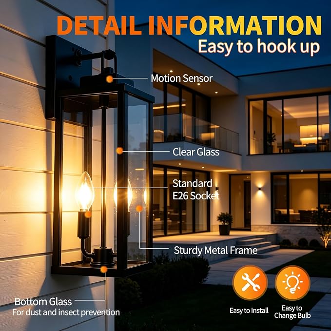 18 Inch Motion Sensor Dawn to Dusk Outdoor Sensor Light Fixture Anti-Rust Exterior Wall Lighting Waterproof Outdoor Wall Lantern for Porch Patio Front Door Garage - 2 Pack