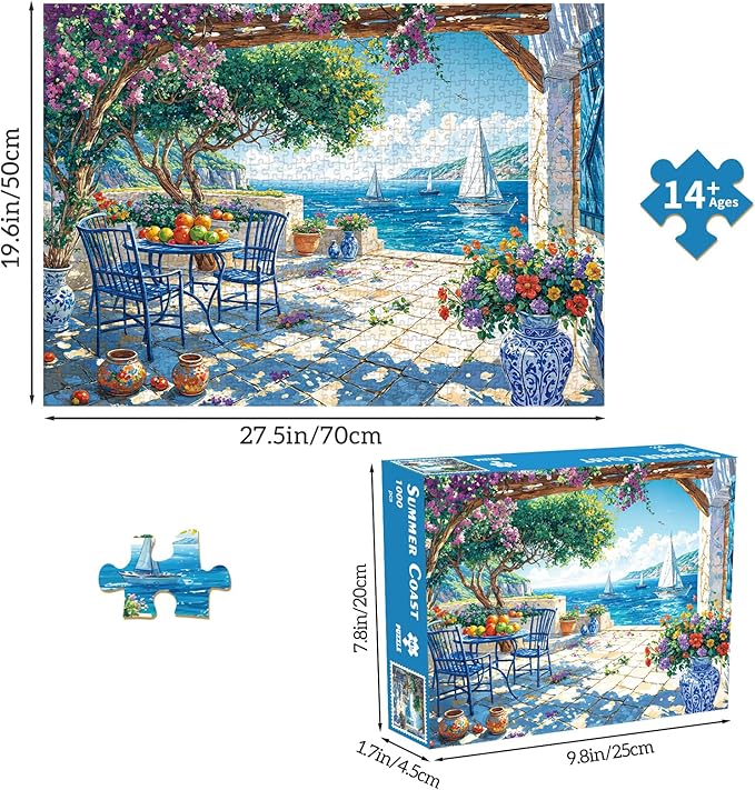 Puzzles for Adults 1000 Pieces,Summer Coast Jigsaw Puzzle with 1:1 HD Poster, Perfect Interlocking No Dust, Stress Relief Ideal Gift for Family Games