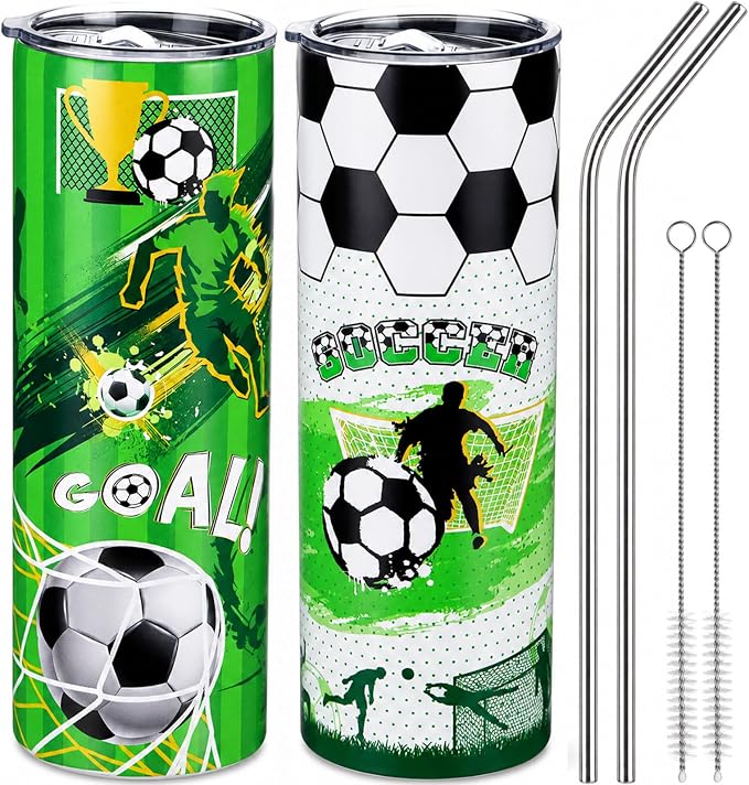 Geiserailie 2 Pack Soccer Tumbler Cups Gifts 20 oz Insulated Stainless Steel Sports Travel Mug with Lids Straws for Christmas Father's Day Men Dad Soccer Lovers Fans