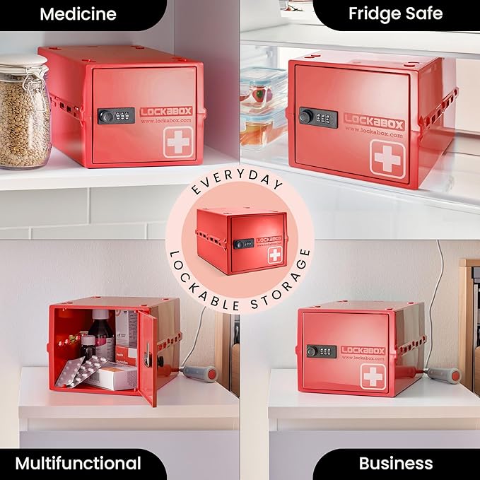 Lockabox One™ | Premium Medicine Lock Box | Medium Medication Lock Box With Code For Medicines, Vitamins & Supplements | External Size 12 x 8 x 6.6 inches (Medi Red)