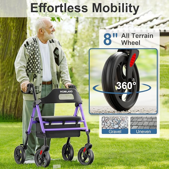 HOMLAND Foldable Rollator Walker with Seat for Seniors, 16" Enlarged Seat | 8" Big Wheels, 16"×12"x1.9" Thick Padded Seat, Adjustable Seat & Handle Height, Tool-Free Assembly, All Terrain Mobility Aid