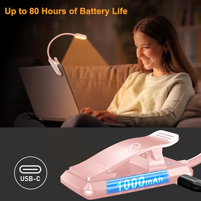 Gritin 16 LED Rechargeable Book Light for Reading in Bed | Eye Caring 3 Color Temperatures, Stepless Dimming Brightness, 80 Hrs Runtime, Lightweight Flexible Clip on Light-Pink