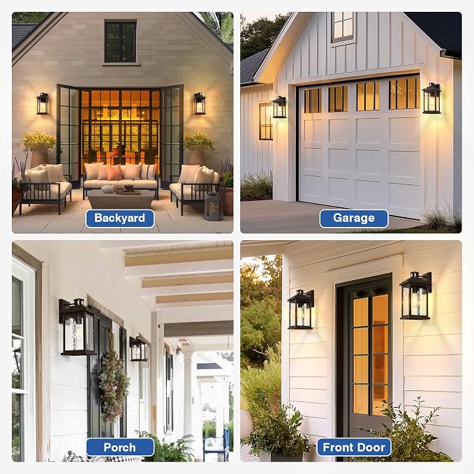 VIANIS 2 Pack Large Adjustable-Sensitivity Motion Sensor Outdoor Lights | Oil-Rubbed Bronze Porch Light, Tempered Ripple Glass, Aluminum Waterproof Outdoor Light Fixture, Exterior Lights for Garage