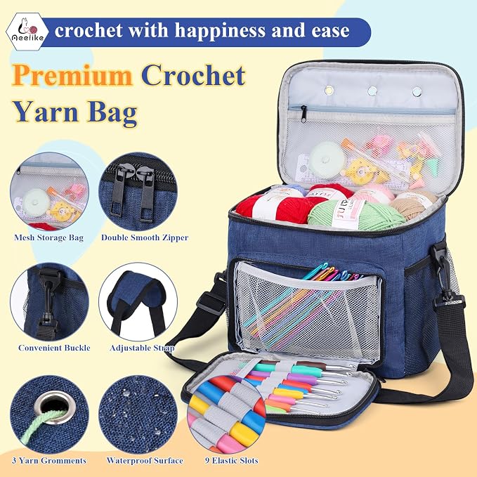 Aeelike Crochet Kit for Beginners Adults, Complete Yarn Kit, Navy | 87 PCS Crochet Kits for Beginners All-inclusive Crochet Set with Yarns Hooks Step-By-Step Instruction Storage Bag, Ideal Gift