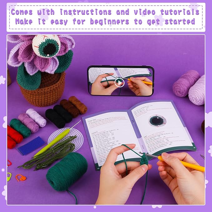 kgxulr Crochet Kit, Big-Eyed Beginner Crochet Kit for Adults, Knitting Kit | Crochet Kit for Beginners, Crochet Flower Kit, Beginner Crochet Kit for Adults with Step-by-Step Video Tutorials