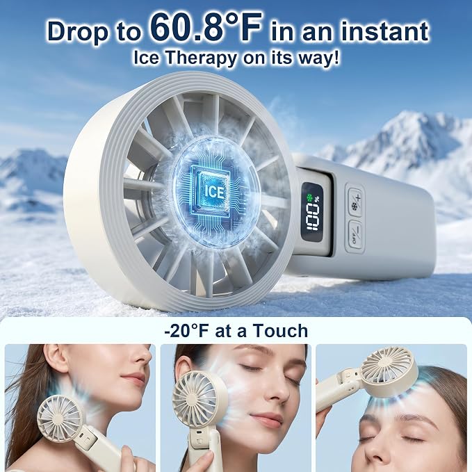 Handheld Portable Fan with Ice Cooling Rechargeable 5.5m/s Speed | 5-Speed, Independent Switch, Digital Display, Foldable Personal Fan for Travel/Concerts/Sport Events/Gifts