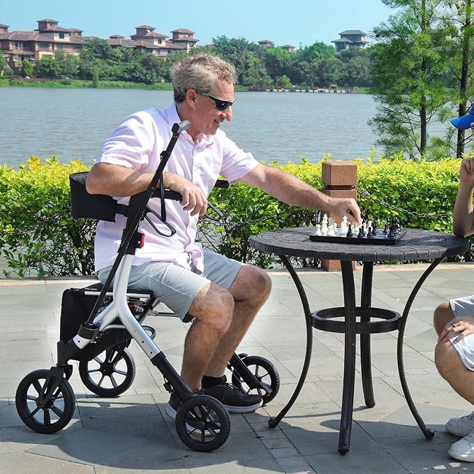 WALK MATE Rollator Walker for Seniors Taller 5.3~7ft with Height-Adjustable Seat, 10 Inch Wheels Wire-Hidden Walkers Compact Folding Design Lightweight Mobility Walking Aid Widen Backrest, Silver