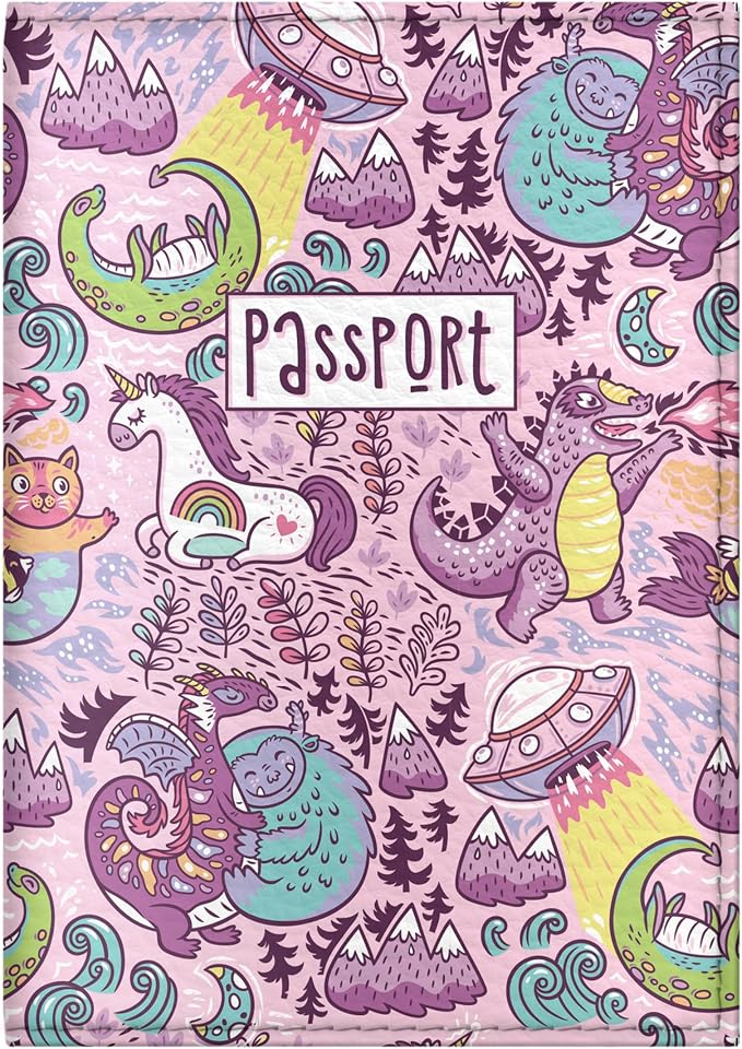 Passport Cover for Kids, Women and Men, Cute Travel Passport Holder (Dragon Yeti Pattern)