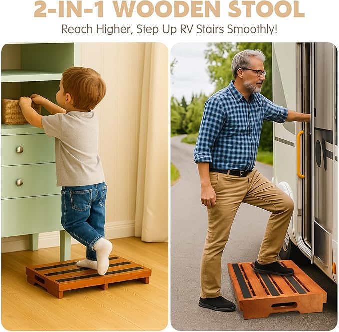 Wooden Step Stool 3 Inch One-Step Non-Slip Outdoor Platform Heavy Duty Portable Half-Step Ideal for Seniors with Knee Issues, Safe Step Stool for Outdoor Bathroom Kitchen Bed(Oak Color)