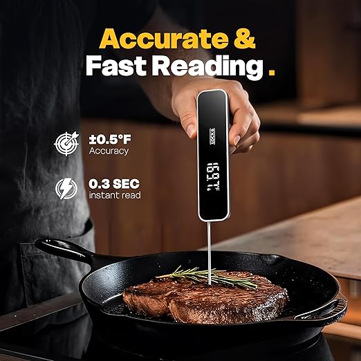 0.3 Sec Instant Read Meat Thermometer Digital for Grilling, Grey | Waterproof, for Cooking, BBQ, Air Fryer, Smoker, Candy, Kitchen Gadgets, BBQ Essentials, Gift for Dad, Men