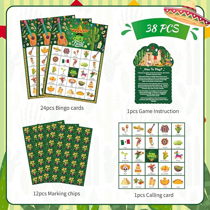 Mexico Bingo Game Cards for Cinco De Mayo Decorations, 38pcs Fiesta Bingo Games Cinco de Mayo Bingo Game Cards for Mexican Fiesta Party Decorations