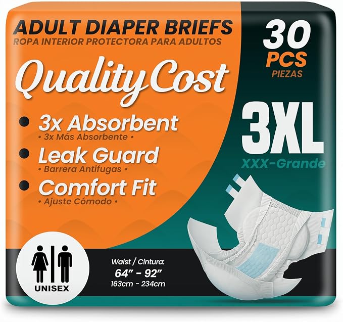 XXXL Diapers with tabs, QualityCost Adult Incontinence Underwear Briefs with Tabs, 30Pack, Unisex Heavy Duty Briefs, Maximum Absorbency, Leak Proof, Disposable, Overnight, Size 3XL (64-92 inch Waist)