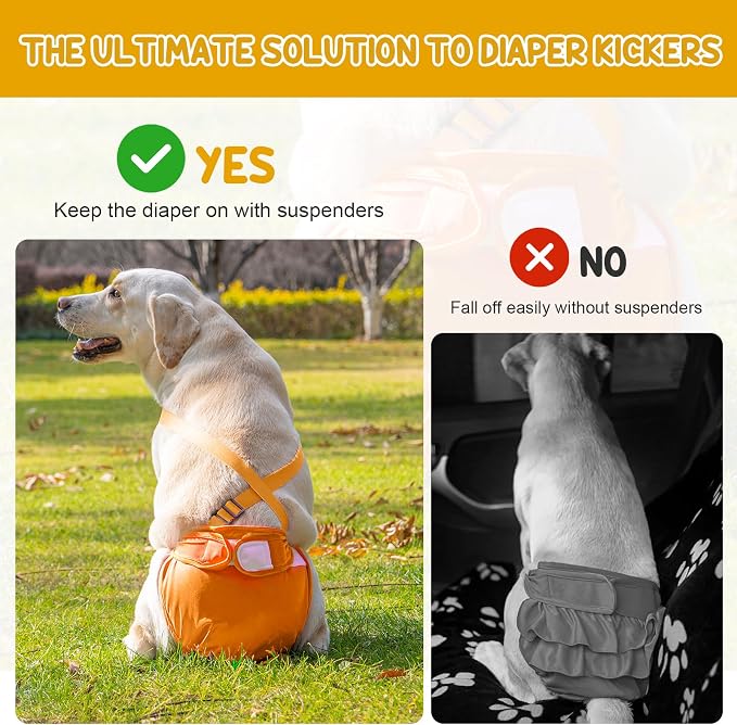 Avont 3 Pack Washable Female Dog Diaper with Suspender - S | Reusable Girl Doggie Diapers for Small Medium Large Dog in Heat Cycle Period Incontinence (Blue/Orange/Grey)