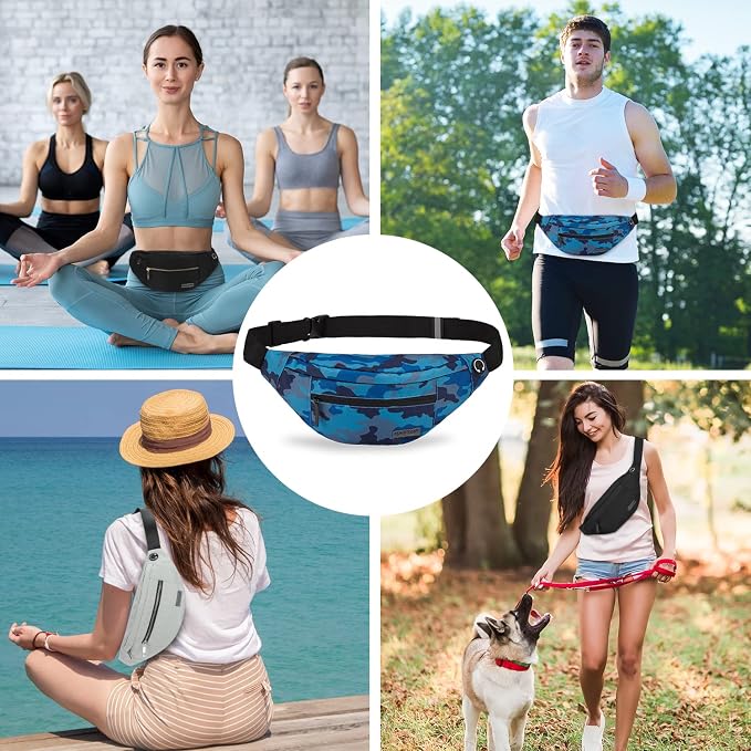 MAXTOP Camo Blue Fanny Pack for Men Cross Body Bag Carrying All Phones | 4-Zipper Pockets,Polyester,Adjustable Straps,Headphone Jack,Ideal Gift for Outdoor Hiking Running