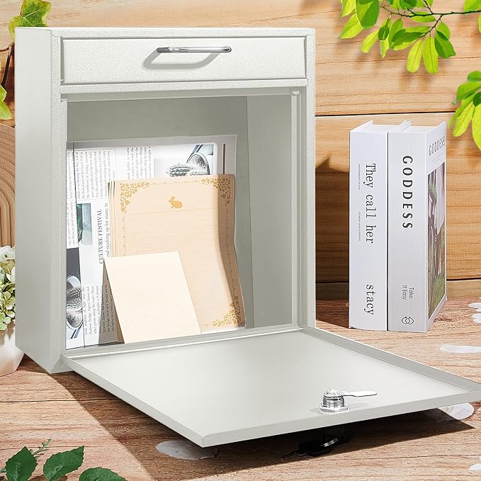 Yaocom Locking Mailbox with Key for Outdoor 12 x 10.5 x 4.7 Inches Large Wall Mount Mail Box with Lock Security Mail Drop Metal Collection Boxes Hanging Secure Postbox(Creamy White)
