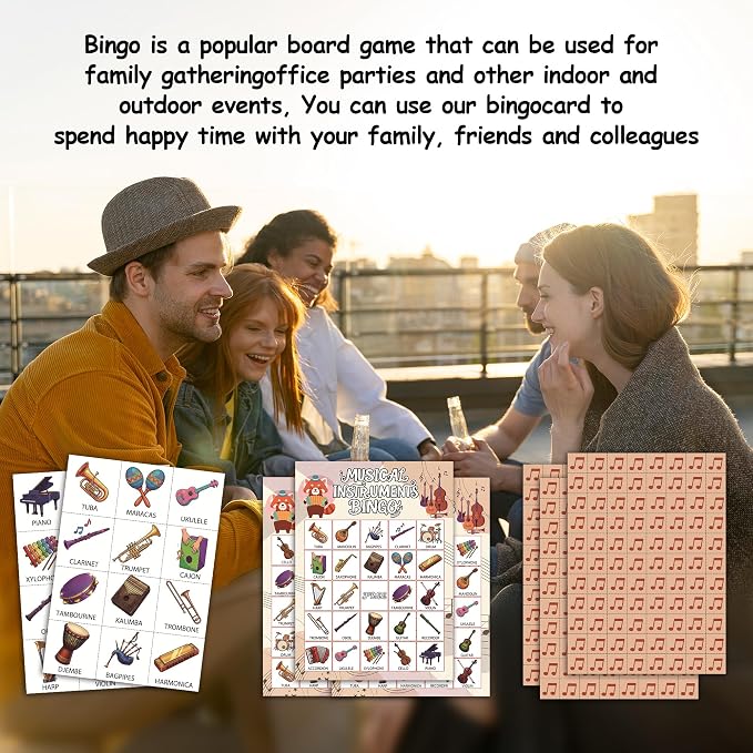 Music Party Bingo Game Cards, Musical Instrument Bingo Set for Adults Large Group, Musical Themed Party Activities, Icebreaker Games, Music Lovers Gifts for Family Friend, 12